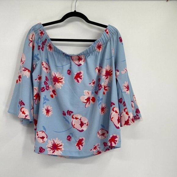 Mud Pie Blouse Women’s Blue Pink Floral 3/4 Bell Sleeve Off The Shoulder medium - Picture 2 of 4